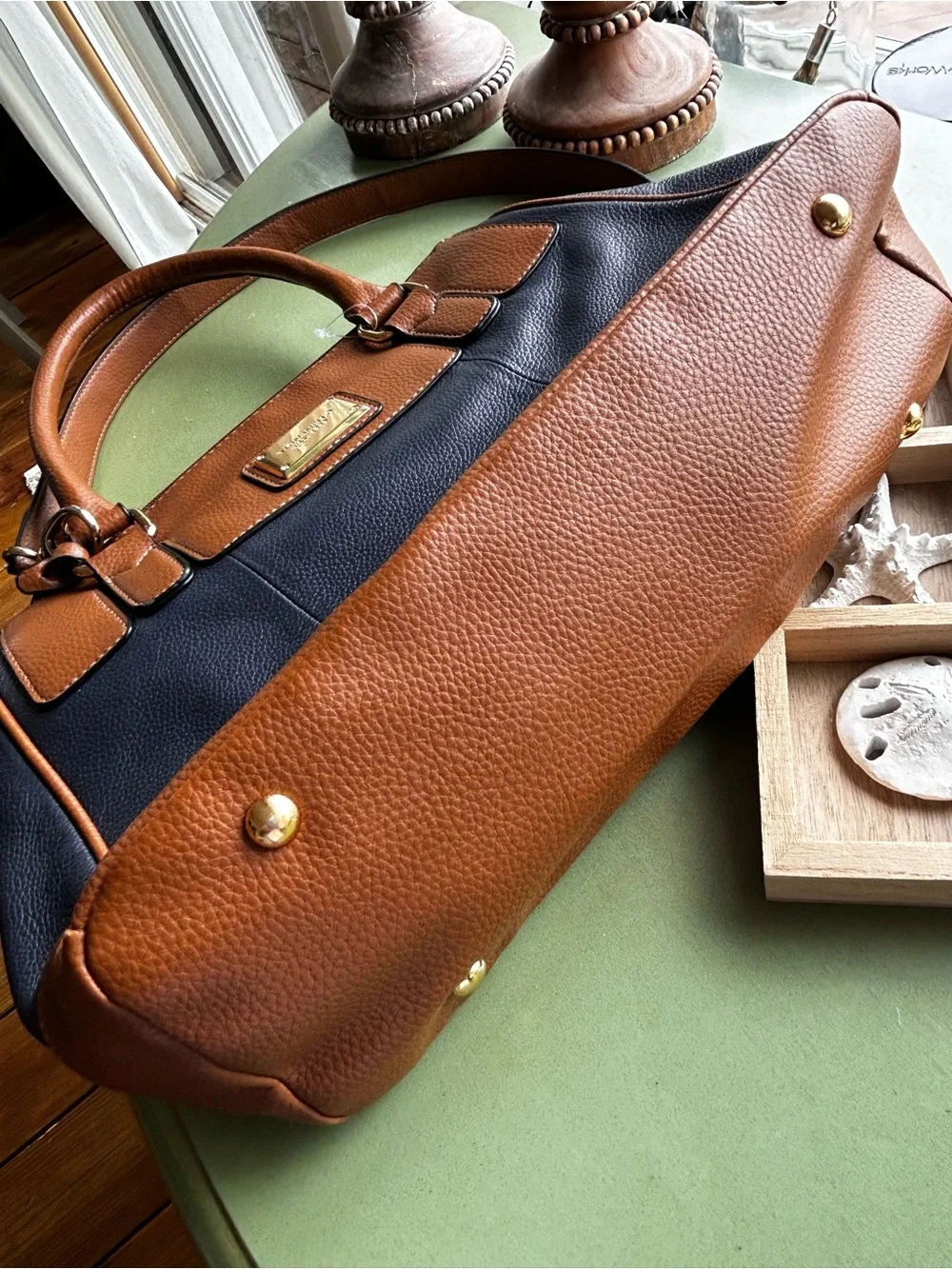 Tignanello Navy & Cognac Satchel Crossbody Bag Colorblock Faux Pebbled Leather